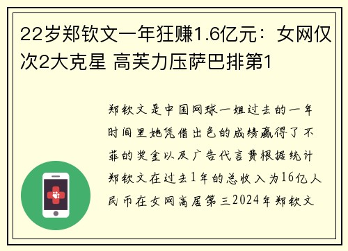 22岁郑钦文一年狂赚1.6亿元：女网仅次2大克星 高芙力压萨巴排第1
